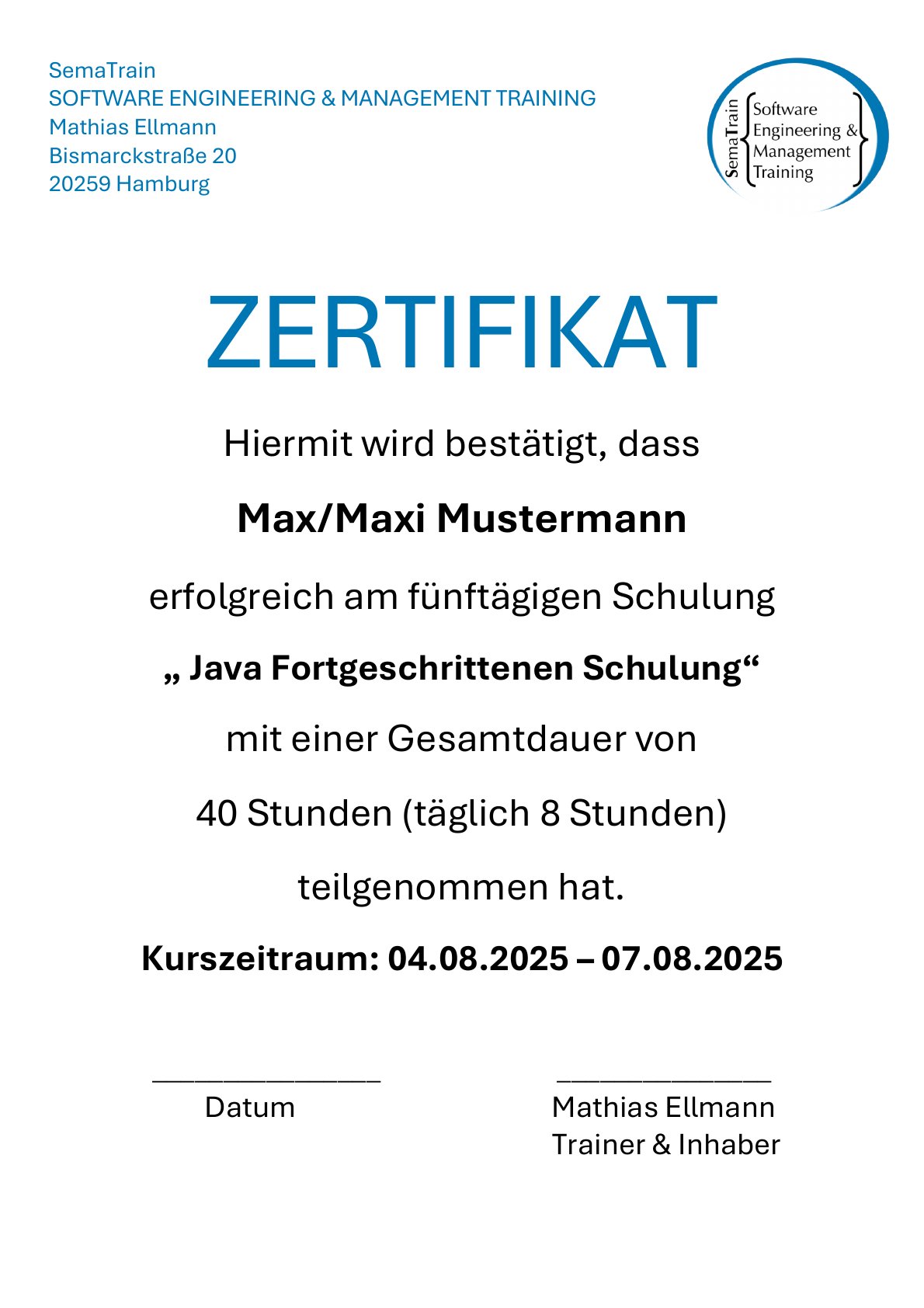 Zertifikat Vorschau – Java Fortgeschrittenen Schulung