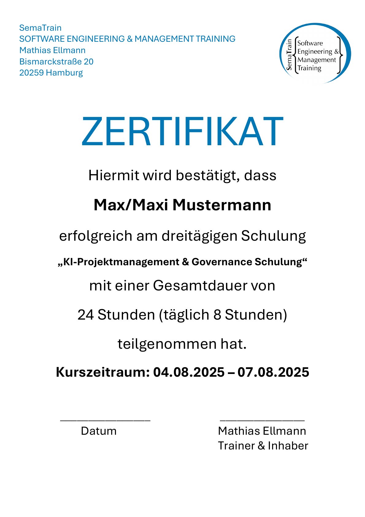 Zertifikat Vorschau – KI-Projektmanagement & Governance