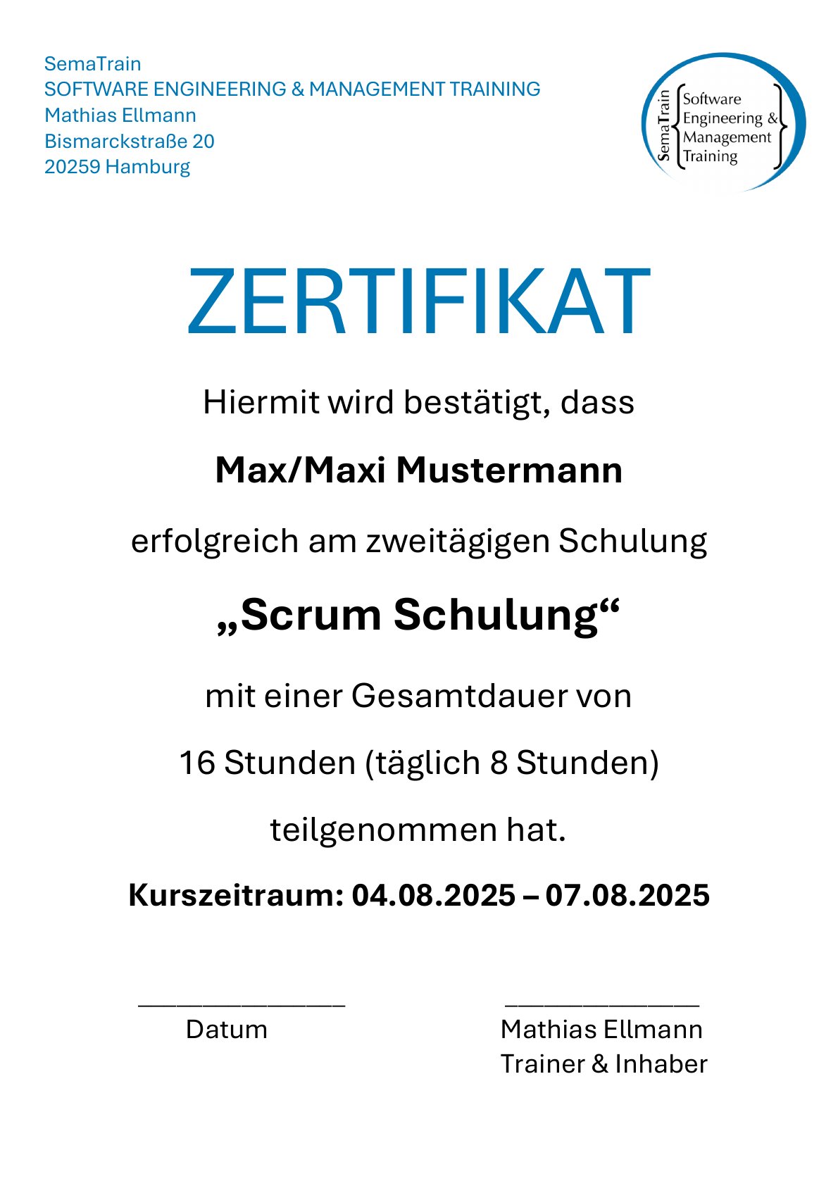 Zertifikat Vorschau – Scrum Schulung